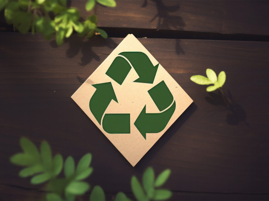 Recycling symbol on wooden sign