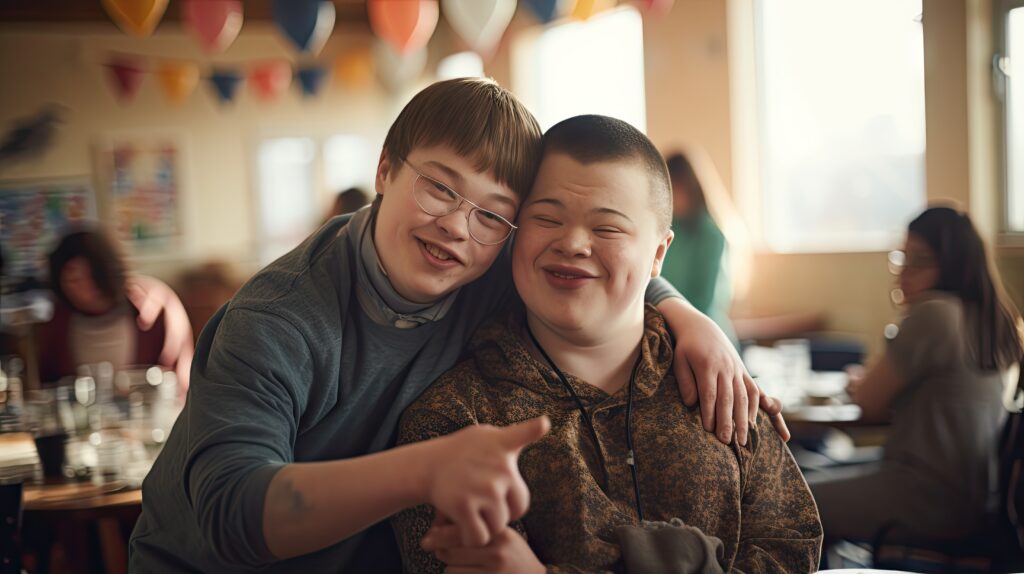 Happy young man with Down syndrome and his mentor friend celebrate success