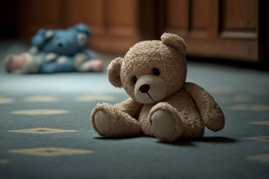 Sad lonely teddy bear lying on the floor symbol of abuse victims