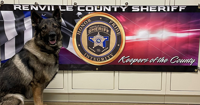 Dog in front of Sheriff's banner