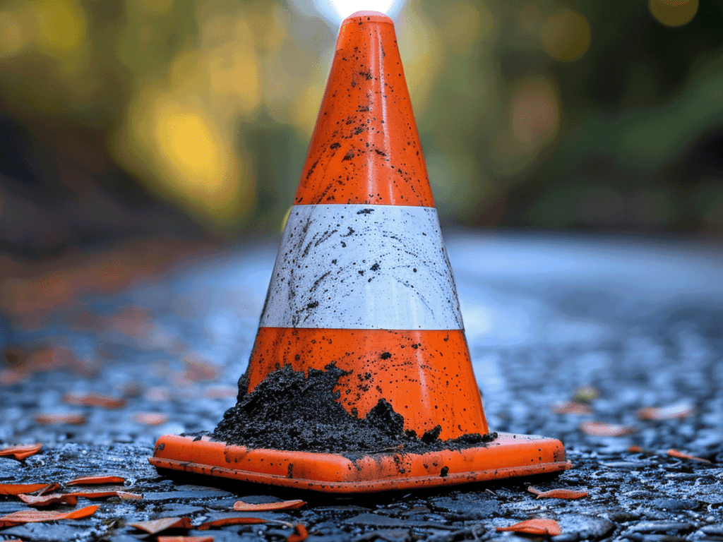 Dirty construction cone on road