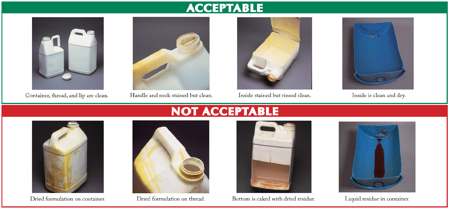 Comparison of dirty and clean pesticide containers.
