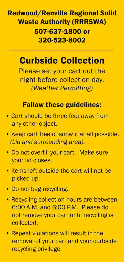 Downloadable image with text: Redwood/Renville Solid Waste Authority (RRRSWA) Curbside Collection information