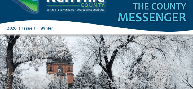 Newsletter heading showing trees covered in snow and a building