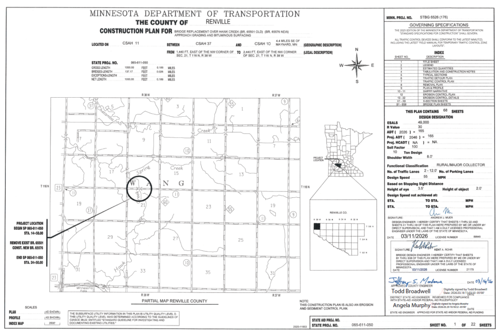 A map showing where bridge 65501 will be replaced by new bridge 65576 in Renville County.