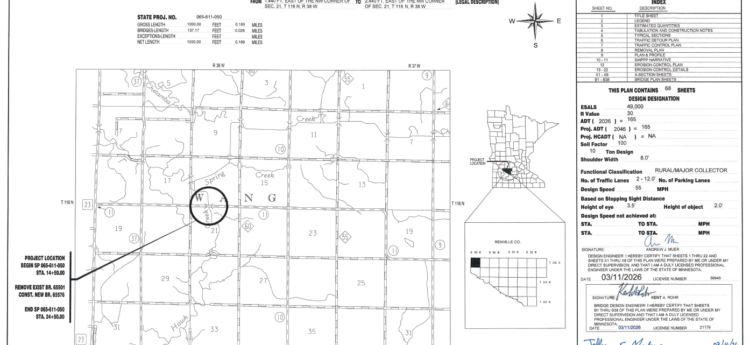 A map showing where bridge 65501 will be replaced by new bridge 65576 in Renville County.