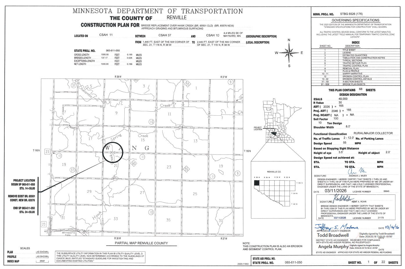 A map showing where bridge 65501 will be replaced by new bridge 65576 in Renville County.