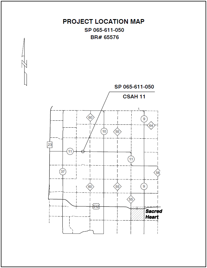 Map showing bridge #65576 location on CSAH 11 in Renville County, Minnesota