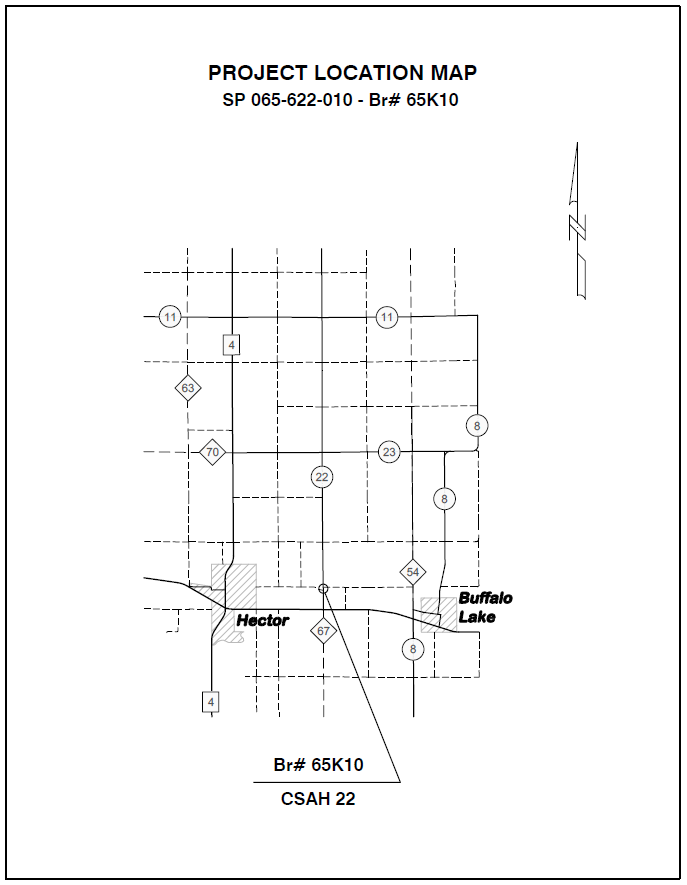 Map showing bridge #65K10 location on CSAH 22 in Renville County, Minnesota