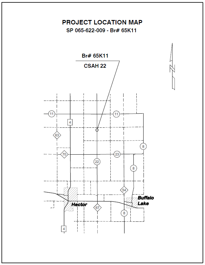 Map showing bridge #65K11 location on CSAH 22 in Renville County, Minnesota
