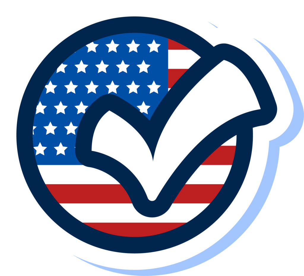 American flag with a check mark inside a circle