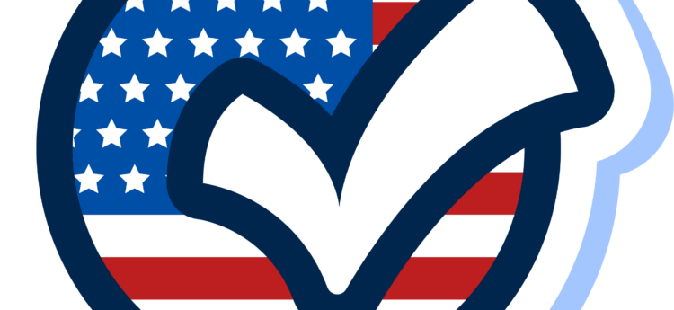 American flag with a check mark inside a circle