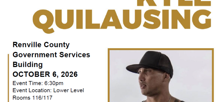 Event flyer for speaker Kyle Quilausing at 6:30pm on October 6. Shows Kyle in a black tshirt and hat.
