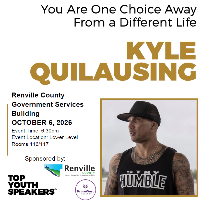 Event flyer for speaker Kyle Quilausing at 6:30pm on October 6. Shows Kyle in a black tshirt and hat.