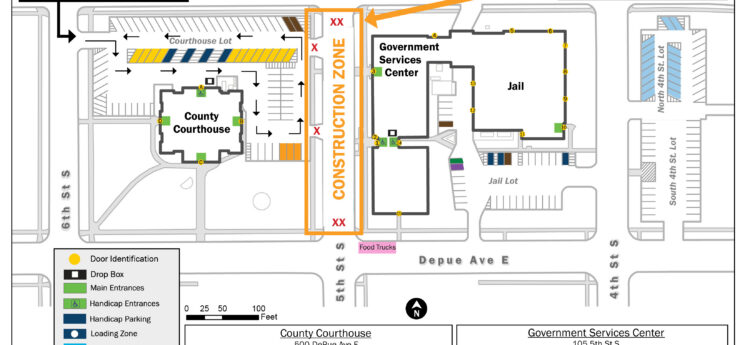 Map of a construction zone between the Renville County Courthouse and Government Services Center