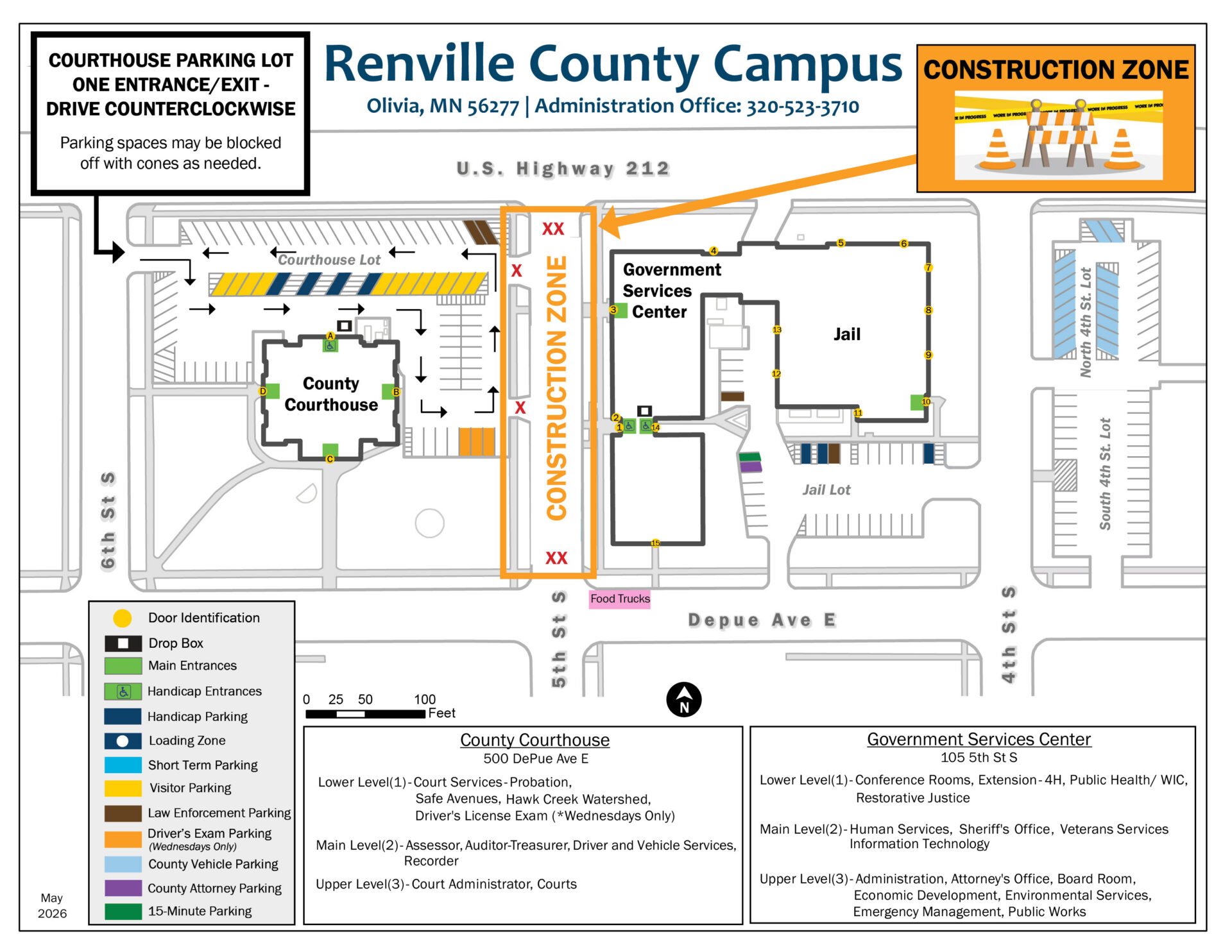 Map of a construction zone between the Renville County Courthouse and Government Services Center